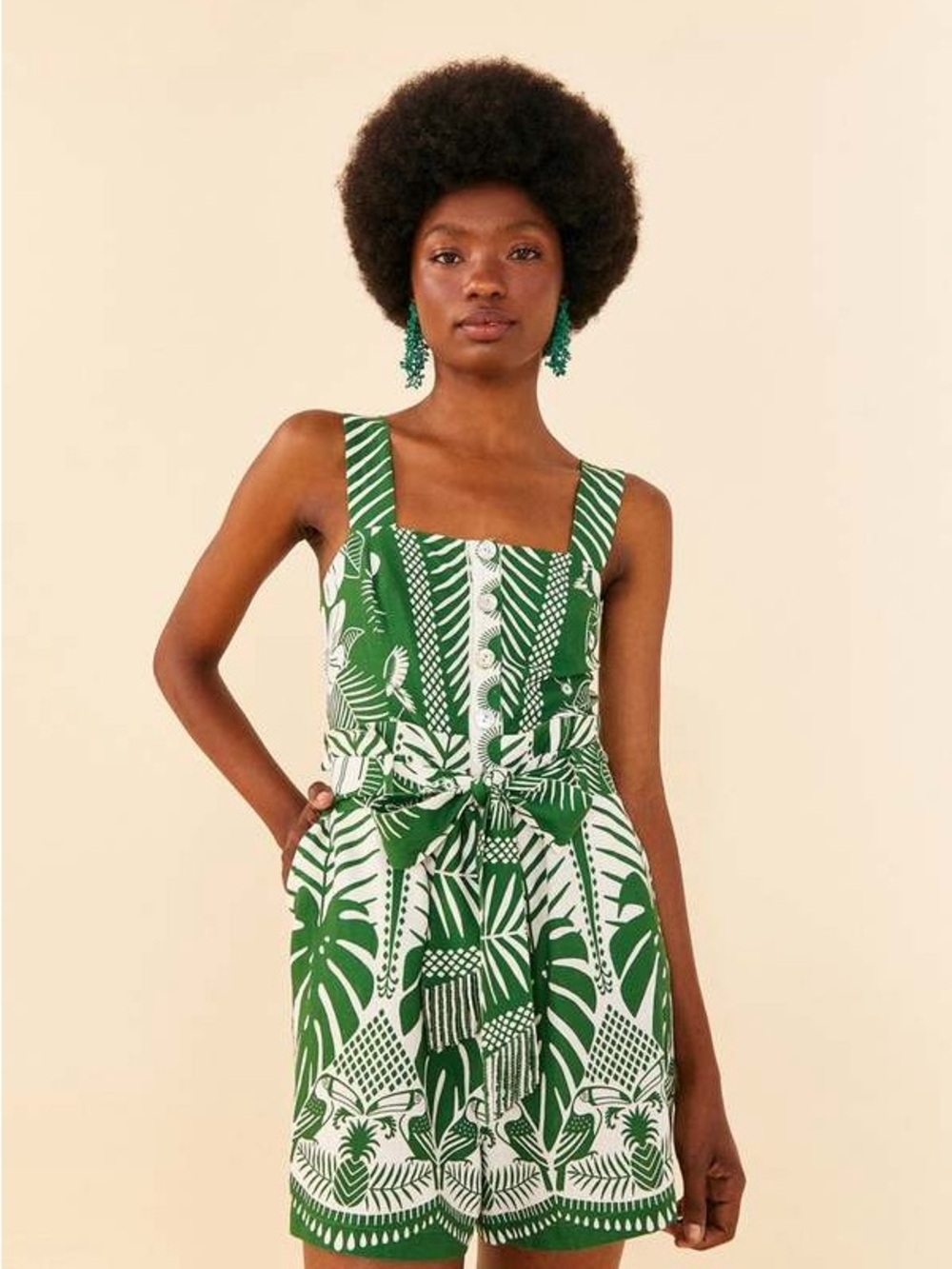 FARM Rio Green Macaw 🦜 Linen Blend Romper Size M Runs Small